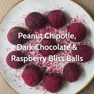 Recipe - Peanut Chipotle, Dark Chocolate & Raspberry Bliss Balls.